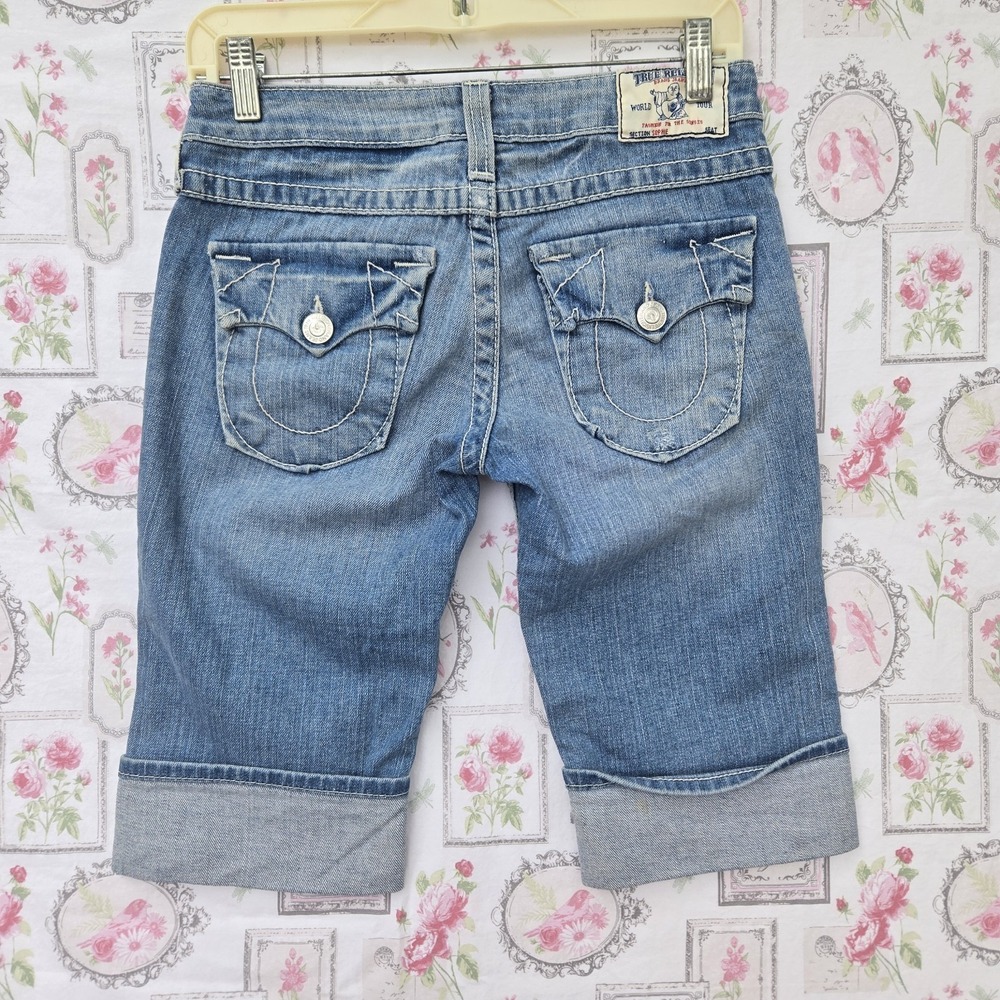 True Religion Sophie Cuffed Bermuda Denim Shorts Womens 26‎ Flap Pocket USA Made